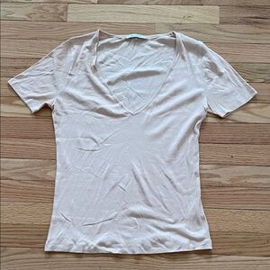 Ninety Percent Cream Top Womens Large Ribbed V Neck Short Sleeve Organic Cotton